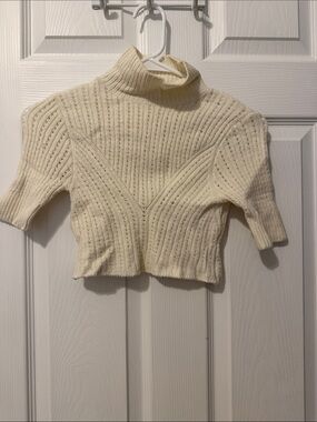 Free People Cream Cropped Short-Sleeve Turtleneck Sweater